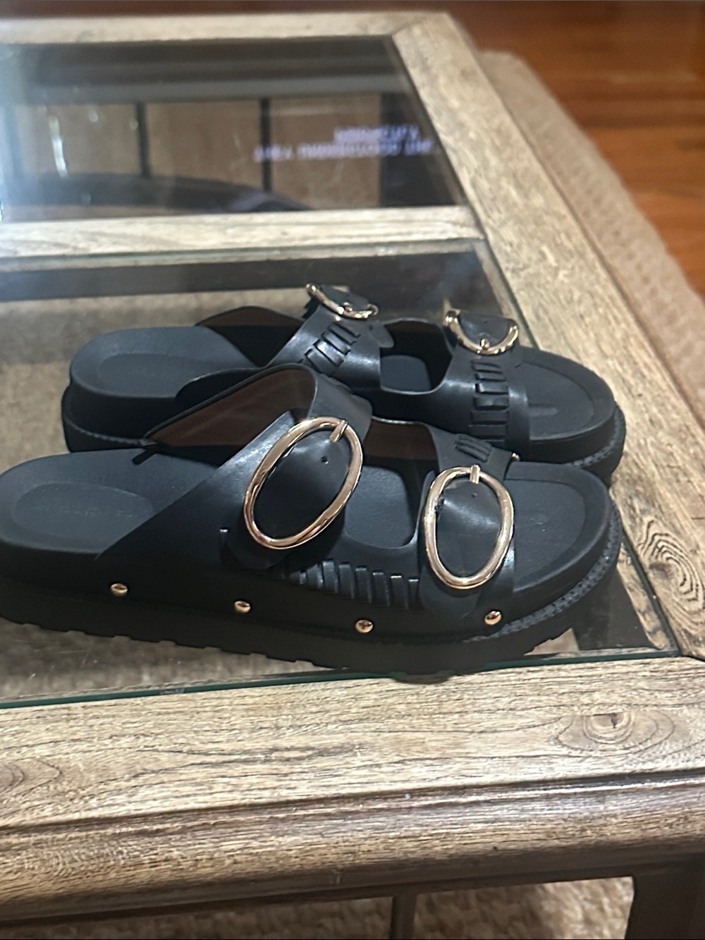 Indigo Women’s Black Slide Sandals with Gold Buckles